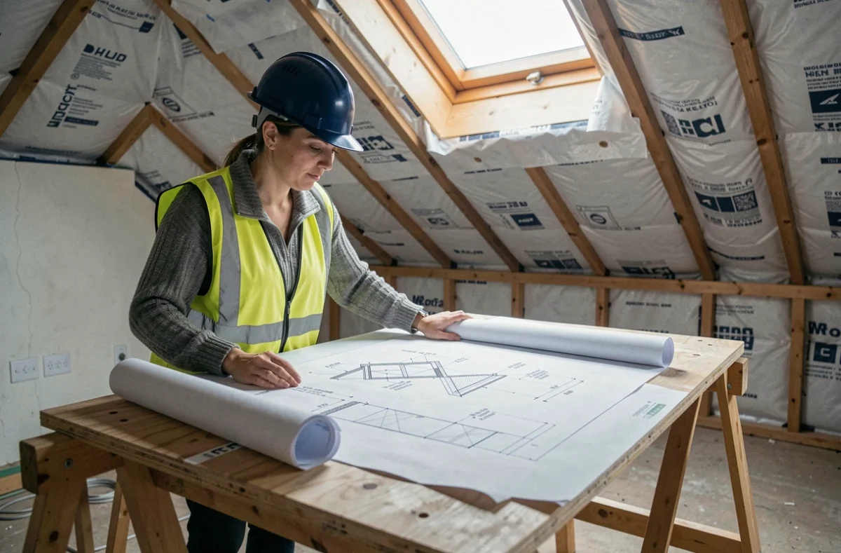 Architecte consultant un plan d'isolation thermique de toiture sur un chantier de rénovation
