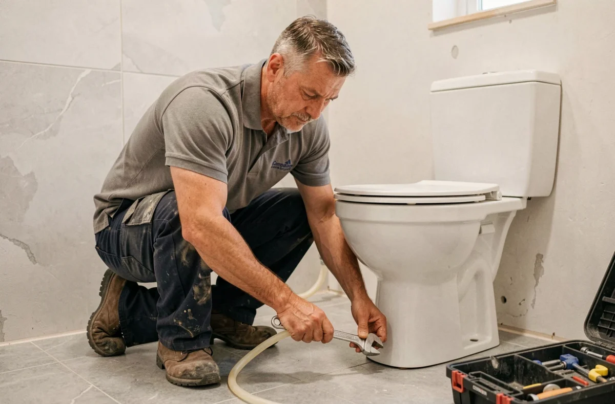 Plombier professionnel installant un WC suspendu dans une salle de bain rénovée