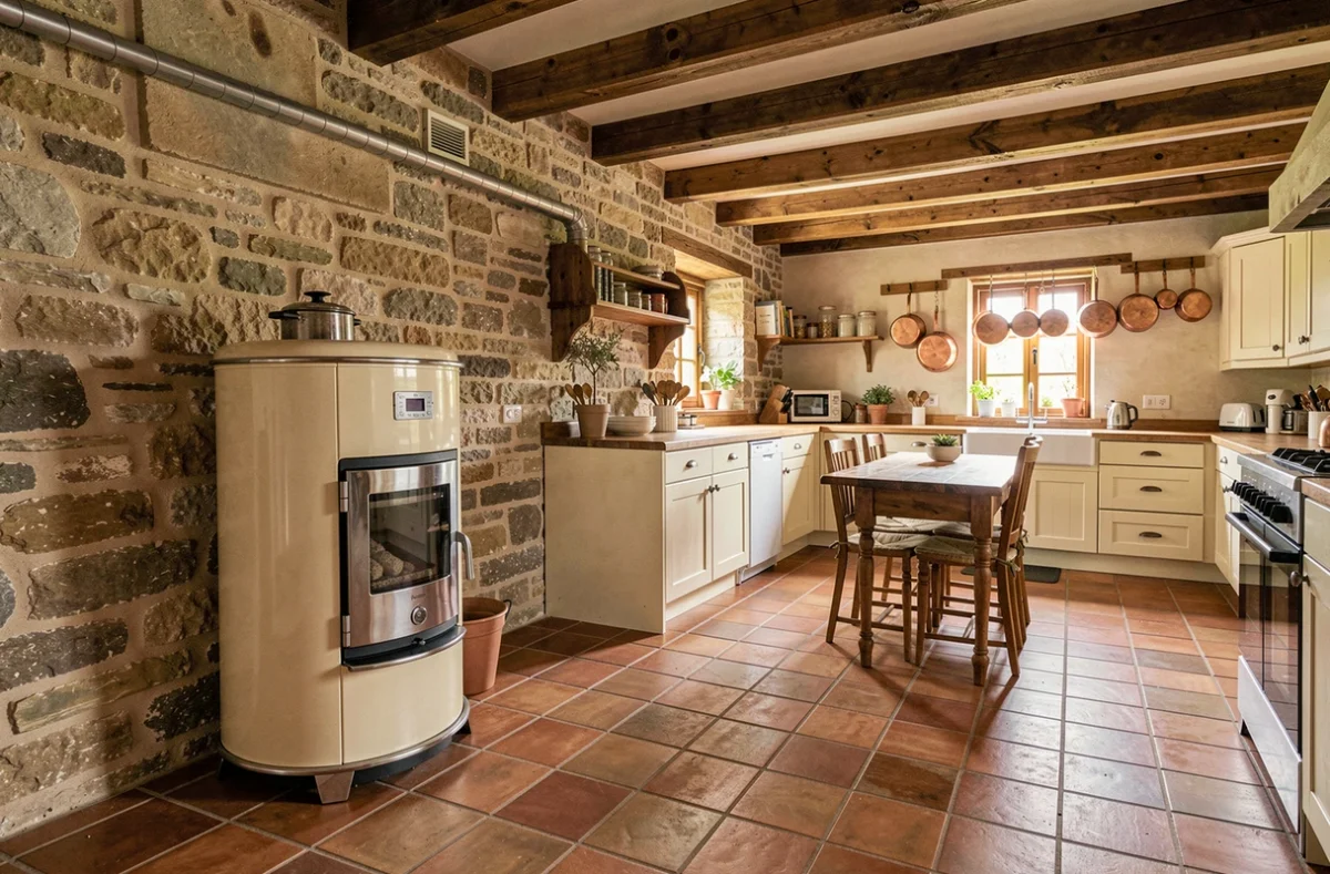 Vue grand angle d'une cuisine de ferme avec poêle à granulés encastré dans un coin en pierre et conduit d'évacuation horizontal discret