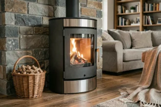 Poêle à granulés moderne en fonte et acier installé dans un salon avec mur en pierre naturelle et parquet en bois