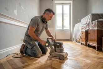 Artisan ponçant un parquet en chêne avec une ponceuse à bande dans un appartement haussmannien