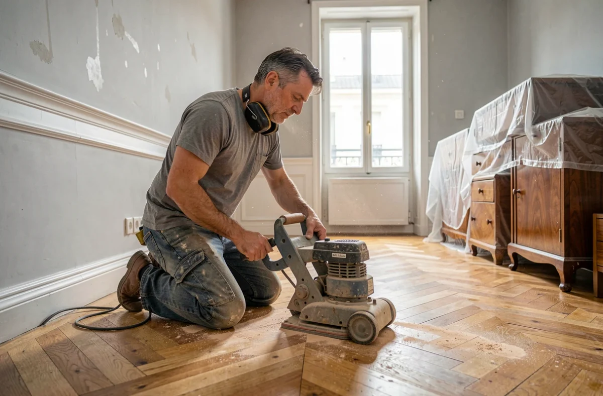 Artisan ponçant un parquet en chêne avec une ponceuse à bande dans un appartement haussmannien