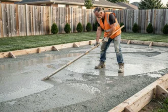Ouvrier posant une dalle en béton pour une piscine hors sol dans un jardin résidentiel, nivellement au bouclier