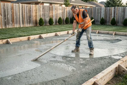 Ouvrier posant une dalle en béton pour une piscine hors sol dans un jardin résidentiel, nivellement au bouclier