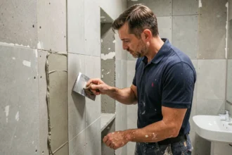 Carreleur professionnel appliquant un enduit imperméabilisant sur un mur de salle de bain en cours de rénovation