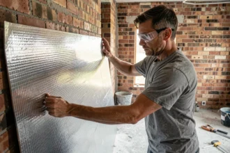 Artisan en train de poser un isolant mince réfléchissant sur un mur intérieur en brique lors d'une rénovation
