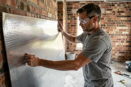 Artisan en train de poser un isolant mince réfléchissant sur un mur intérieur en brique lors d'une rénovation