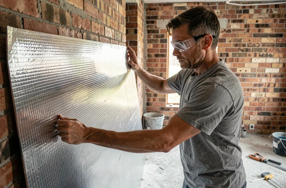 Artisan en train de poser un isolant mince réfléchissant sur un mur intérieur en brique lors d'une rénovation