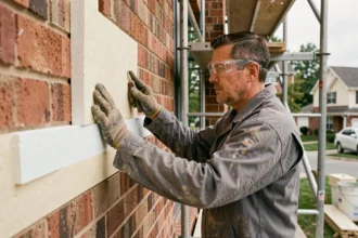 Ouvrier posant des panneaux d'isolation thermique sur un mur extérieur en brique lors d'une rénovation résidentielle