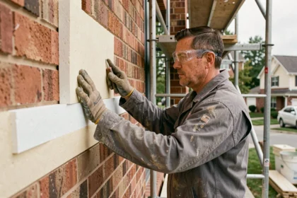 Ouvrier posant des panneaux d'isolation thermique sur un mur extérieur en brique lors d'une rénovation résidentielle