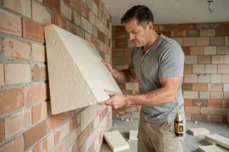 Ouvrier posant un panneau d'isolation en laine minérale sur un mur intérieur brut en brique lors de travaux de rénovation