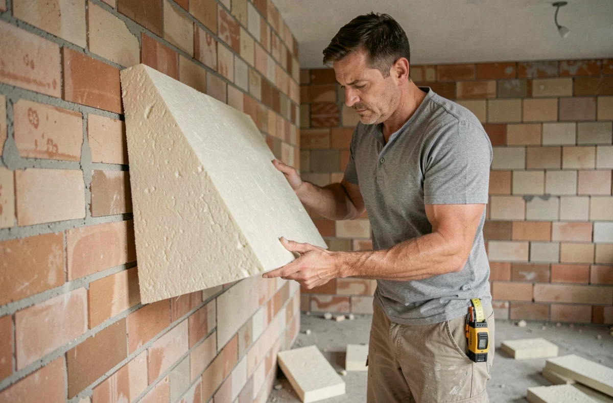 Ouvrier posant un panneau d'isolation en laine minérale sur un mur intérieur brut en brique lors de travaux de rénovation