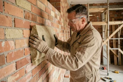 Artisan en combinaison de travail posant un rouleau de laine de verre sur un mur en brique intérieur lors de travaux de rénovation