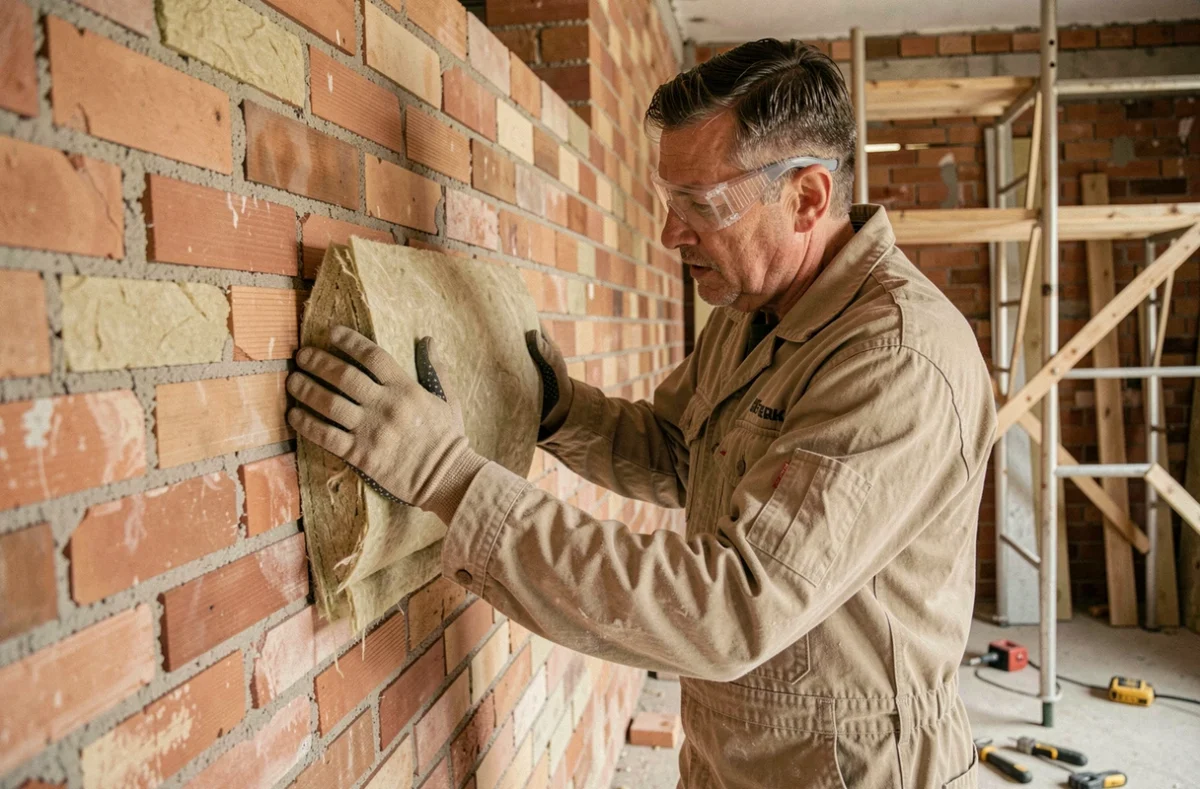 Artisan en combinaison de travail posant un rouleau de laine de verre sur un mur en brique intérieur lors de travaux de rénovation