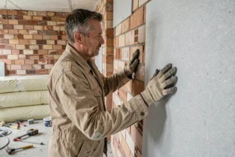 Artisan posant des panneaux isolants rigides sur un mur intérieur en brique lors de travaux de rénovation
