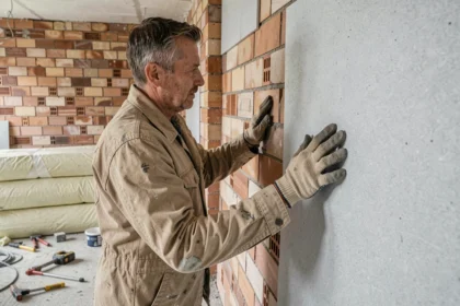 Artisan posant des panneaux isolants rigides sur un mur intérieur en brique lors de travaux de rénovation