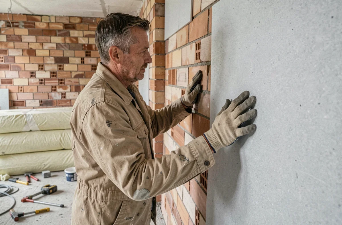 Artisan posant des panneaux isolants rigides sur un mur intérieur en brique lors de travaux de rénovation