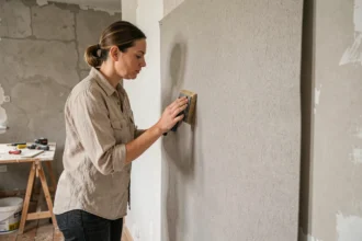 Femme en train de poser un papier peint isolant phonique sur un mur d'appartement en rénovation