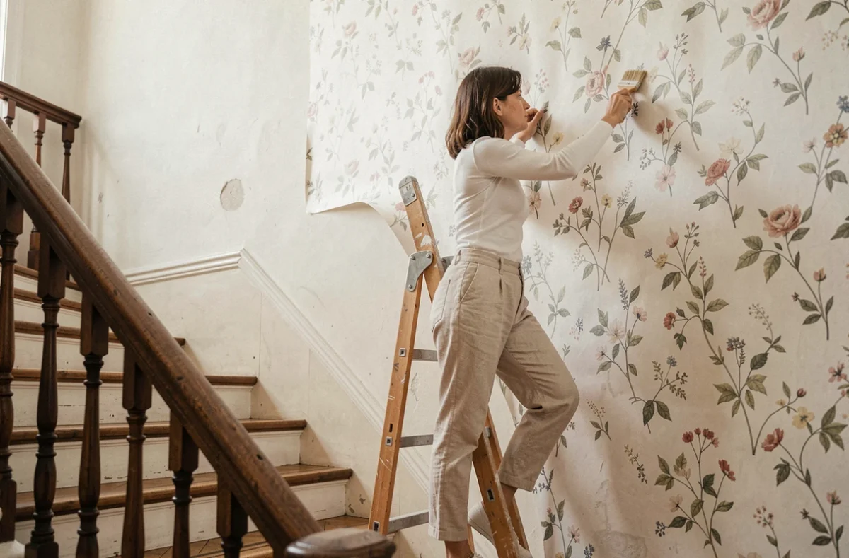 Femme posant du papier peint fleuri sur le mur d'un escalier haussmannien avec une brosse à encoller