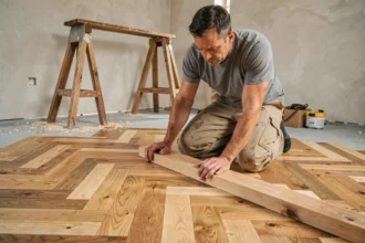 Artisan posant un parquet en chevron en chêne dans une pièce en cours de rénovation