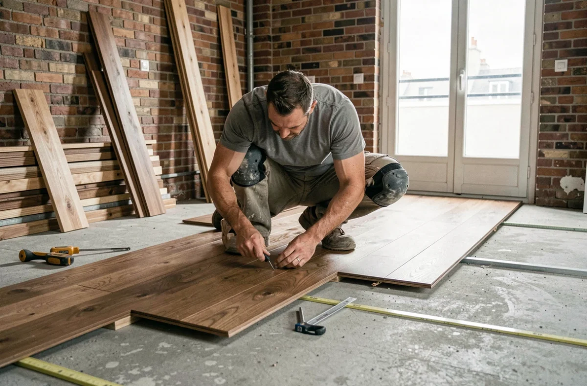 Artisan poseur de parquet massif en noyer en train d'installer des lames dans un appartement en rénovation, avec ses outils professionnels