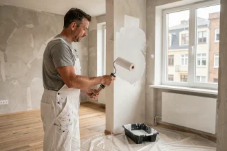 Peintre professionnel appliquant de la peinture blanche au rouleau sur un mur intérieur lors d'un chantier de rénovation