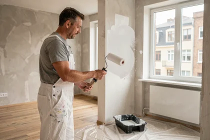 Peintre professionnel appliquant de la peinture blanche au rouleau sur un mur intérieur lors d'un chantier de rénovation