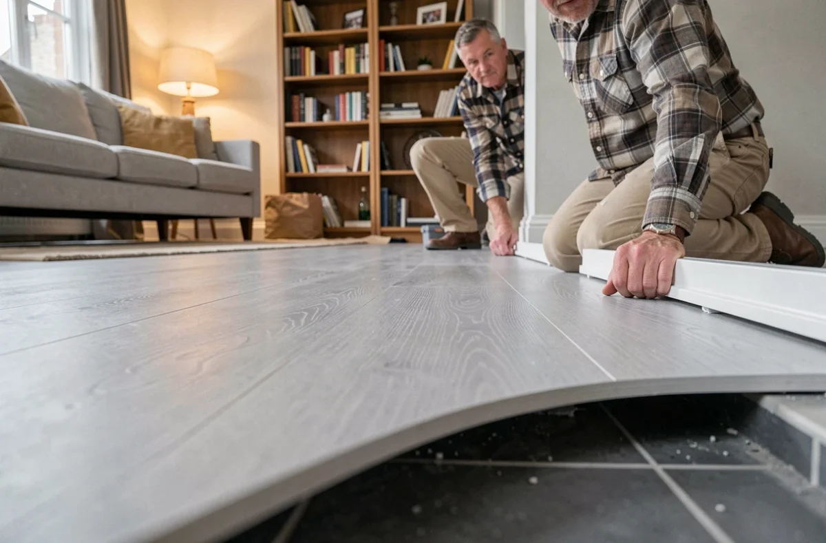 Pose de la plinthe de finition après installation d'un parquet flottant gris sur carrelage dans un salon rénové