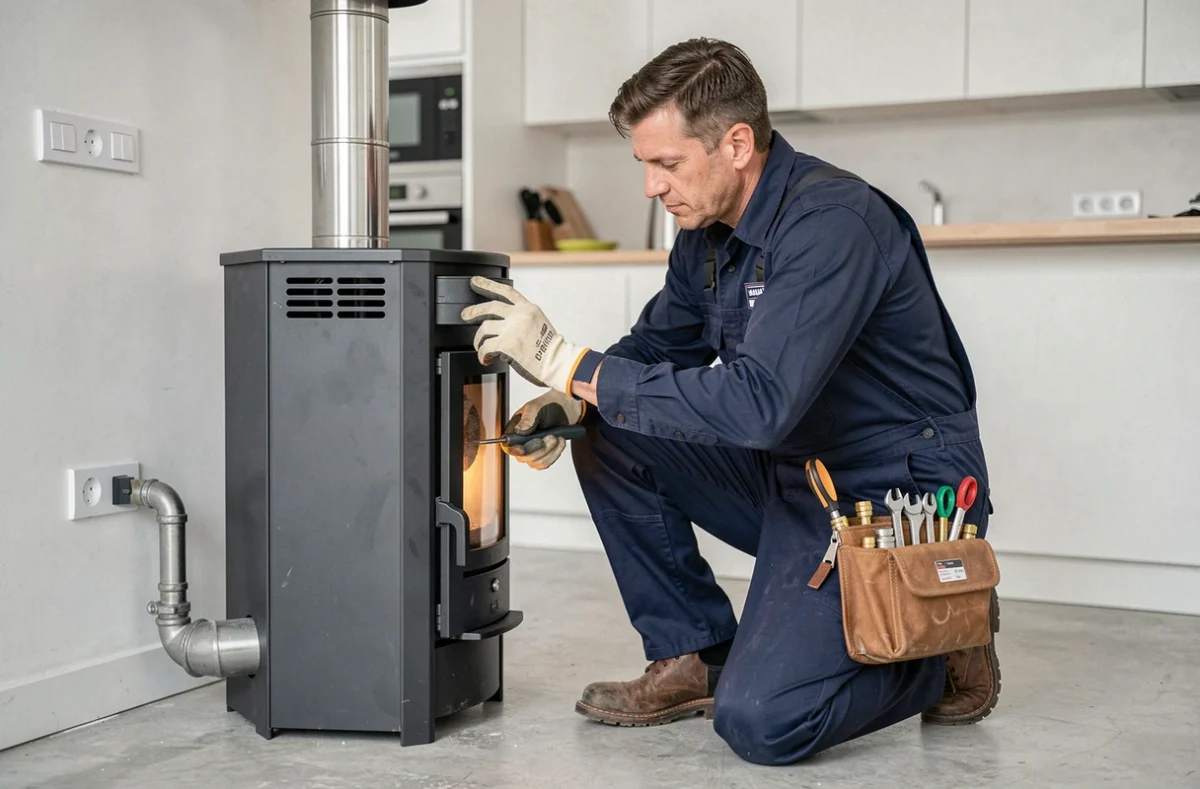 Technicien installant un poêle à granulés en connectant un conduit en acier inoxydable dans une maison contemporaine
