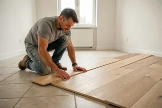 Pose du premier rang de parquet flottant en chêne clair sur un carrelage existant dans un salon vide
