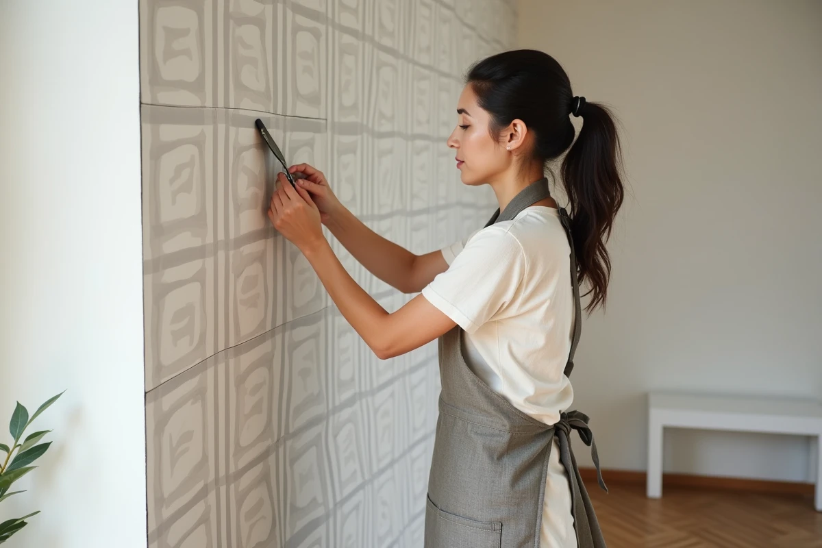 Femme appliquant un revêtement mural autocollant géométrique sur un mur abîmé dans un salon moderne