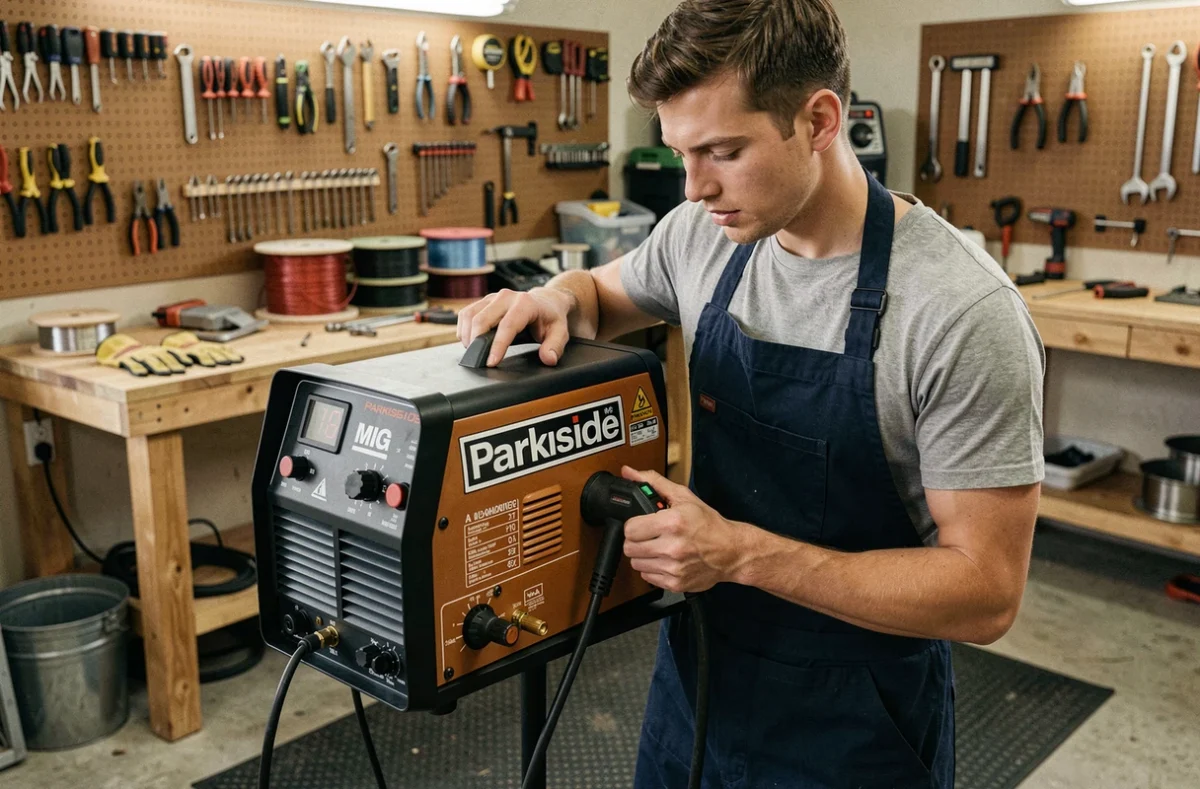 Bricoleur débutant tenant un poste à souder Parkside dans un atelier de garage avec fil fourré et accessoires de soudage
