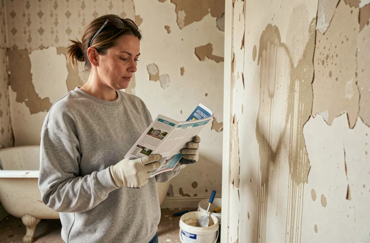 Femme lisant les précautions d'emploi d'un enduit hydrofuge avant application en pièce humide