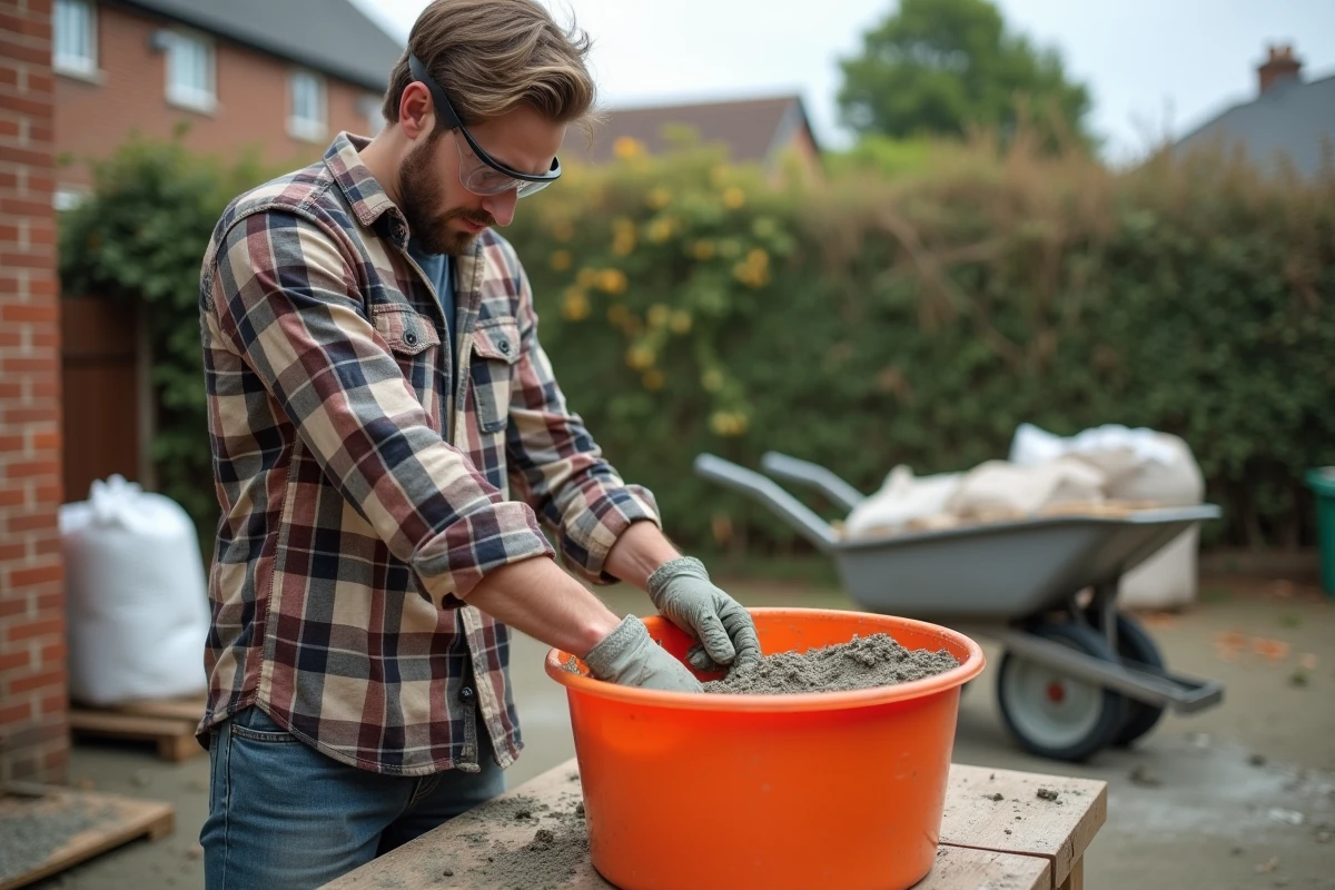 Jeune bricoleur préparant un mélange de sable et ciment pour couler une chape dans un jardin de maison individuelle