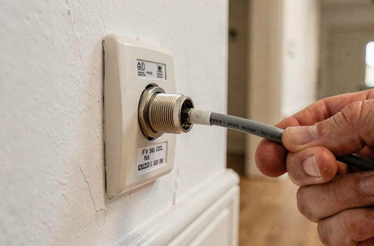 Gros plan sur une prise télé murale avec connecteur coaxial et main de technicien lors de la vérification d'une installation TNT HD