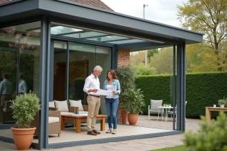 Couple discutant du prix d'une véranda en aluminium et verre dans leur jardin de maison individuelle