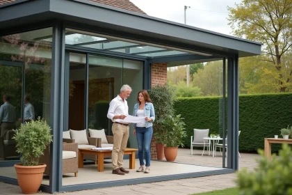 Couple discutant du prix d'une véranda en aluminium et verre dans leur jardin de maison individuelle