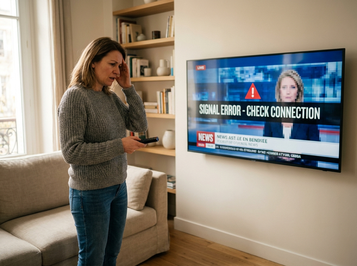 Femme face à un problème de réception TV avec image pixelisée dans son salon