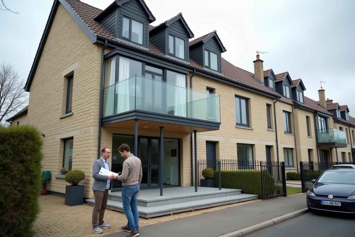 Propriétaire évaluant le devis de construction d'une véranda devant sa maison de ville en France