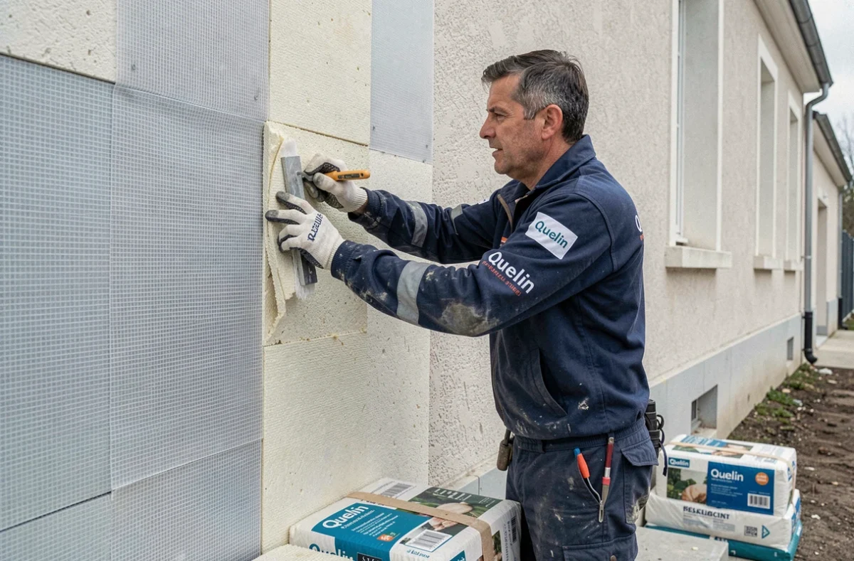 Technicien installant un système d'isolation et d'enduit de façade Quelin sur un bâtiment résidentiel