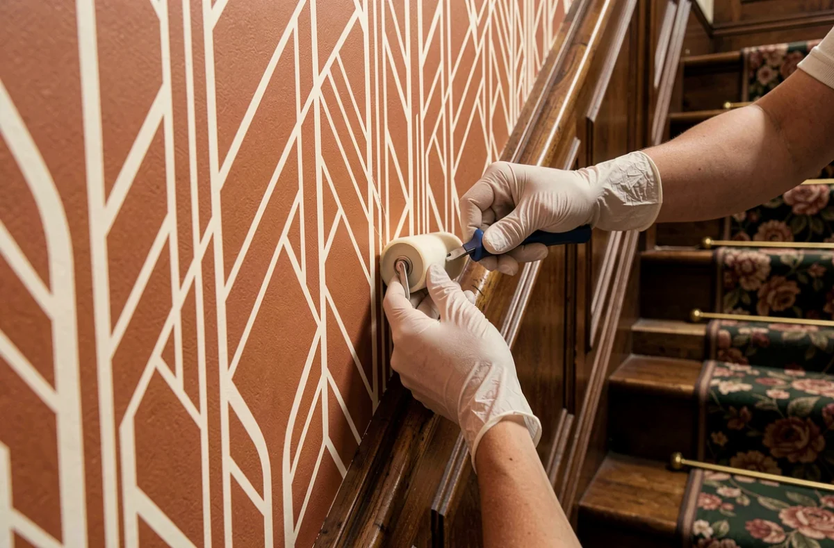 Raccord de lés de papier peint Art Déco sur un mur d'escalier victorien avec un rouleau à joints