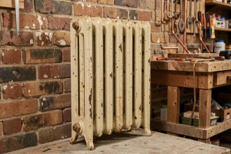 Radiateur en fonte d'occasion posé dans un atelier de plomberie avec outils et tuyaux en arrière-plan