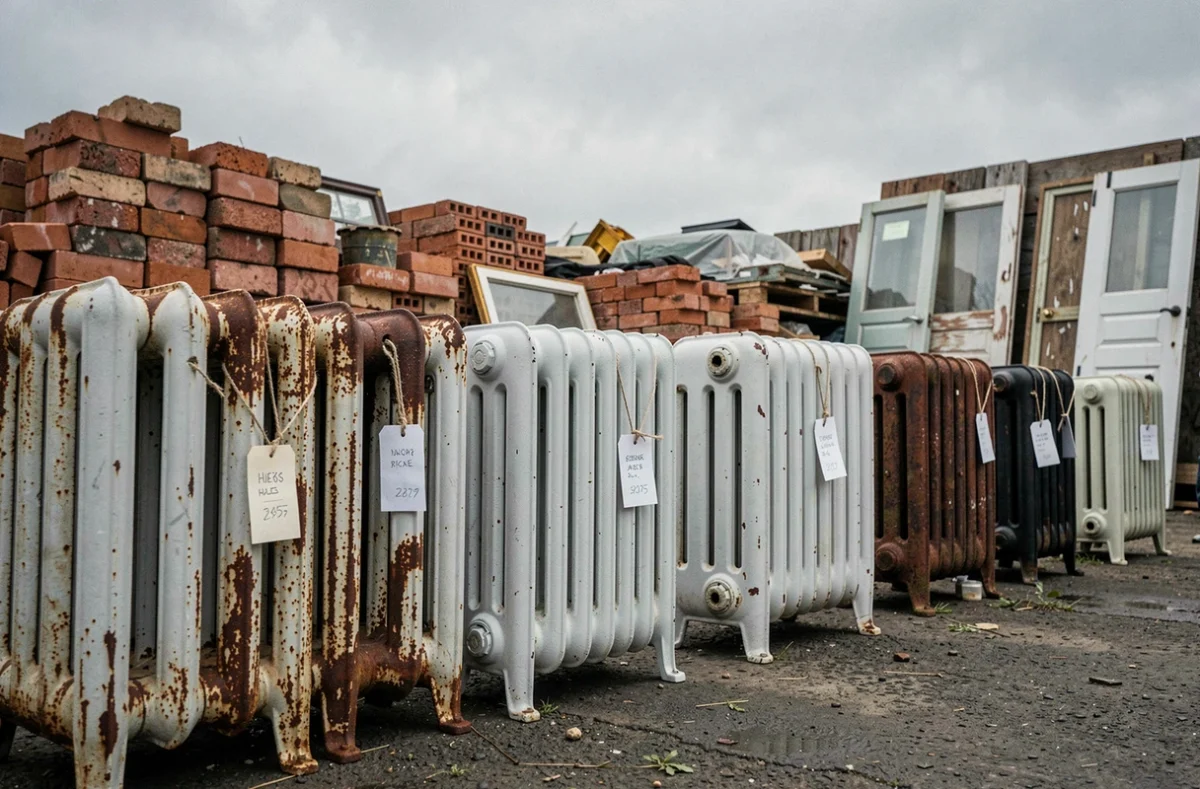 Rangée de radiateurs en fonte anciens avec étiquettes de prix dans une cour de récupération de matériaux de construction