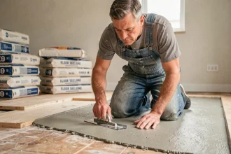 Artisan appliquant un ragréage autonivelant sur un plancher en bois lors d'une rénovation économique