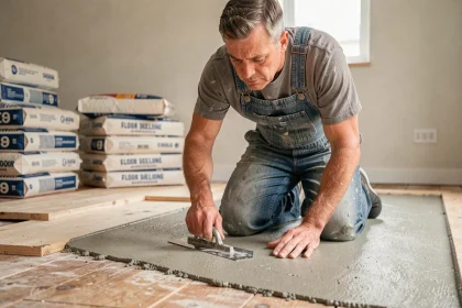 Artisan appliquant un ragréage autonivelant sur un plancher en bois lors d'une rénovation économique
