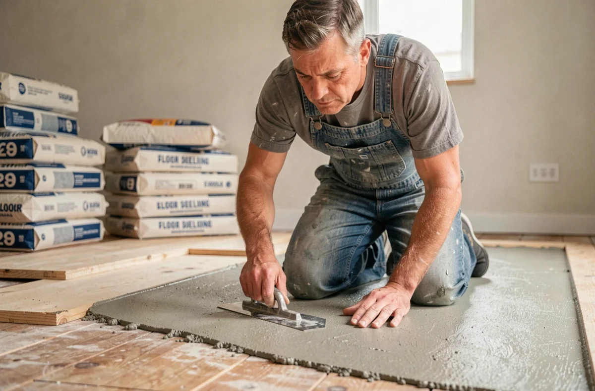 Artisan appliquant un ragréage autonivelant sur un plancher en bois lors d'une rénovation économique