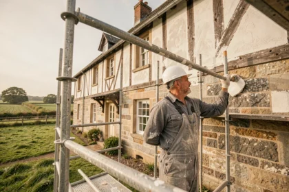 Travailleur appliquant un enduit de ravalement sur la façade d'une maison normande traditionnelle