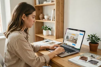 Jeune femme cherchant un code promo Sklum sur son ordinateur portable dans un bureau à domicile décoré avec goût