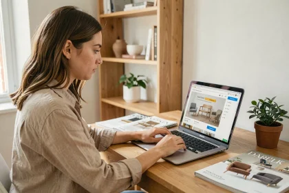 Jeune femme cherchant un code promo Sklum sur son ordinateur portable dans un bureau à domicile décoré avec goût