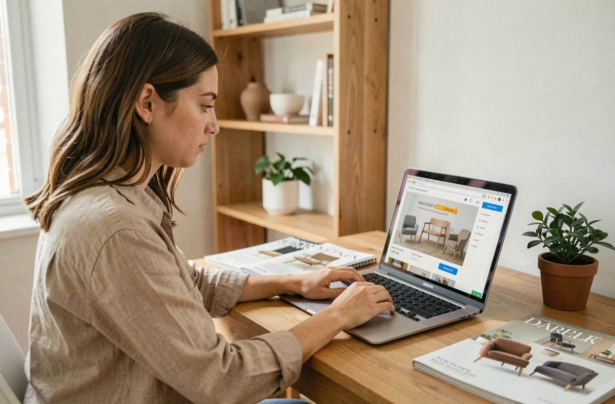 Jeune femme cherchant un code promo Sklum sur son ordinateur portable dans un bureau à domicile décoré avec goût